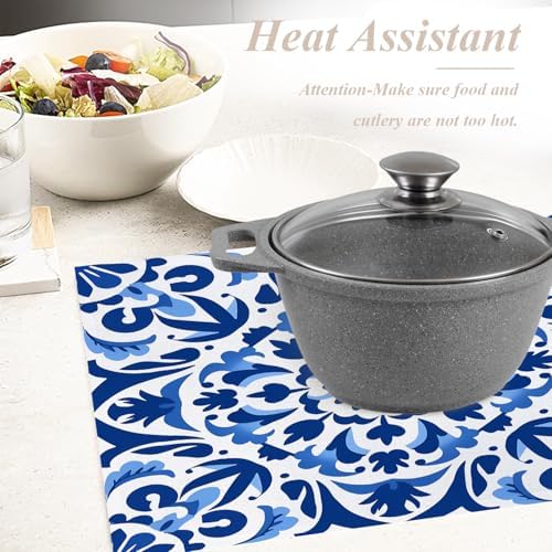 Shrahala Blue White Set of 6 12 X 18 Inch Linen Placemats, Delicate Floral Burlap Table Mat Washable Double Layered Heat Insulation for Indoor/Outdoor