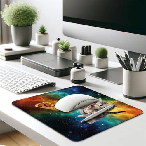 Adorable Space Cat Chasing Taco Mouse Pad, Rainbow Galaxy Durable Desk Mat