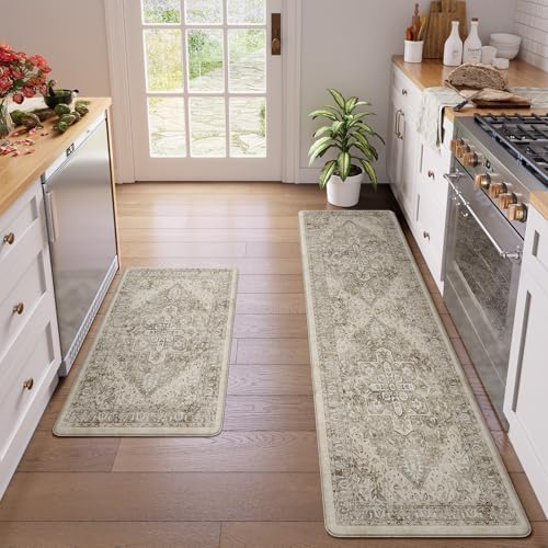 KIMODE Anti Fatigue Kitchen Mats, Boho Distressed Kitchen Rugs Sets of 2