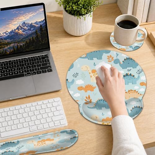 Ergonomic Memory Foam Wrist Rest Set for Keyboard and Mouse,Cute Dinosaur Supportive Mouse Pad with Non Slip Base for Office Work and Gaming