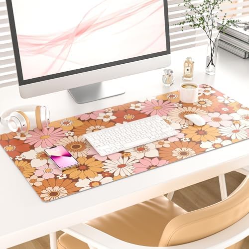 Faux Leather Large Mouse Pad, Office Desk Mat, 31.5"x15.7", Retro Flowers