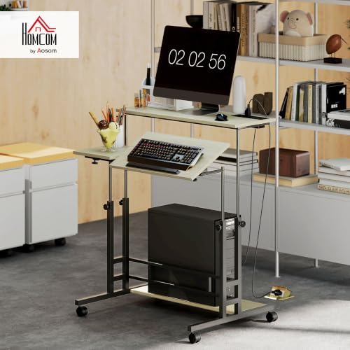 HOMCOM Height Adjustable Standing Desk Power Outlets Lockable Wheels, Oak