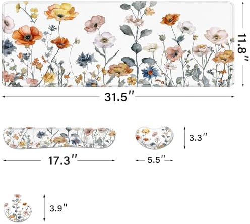 Desk Pad and Keyboard Wrist Rest, Large Mouse Pad + Keyboard Pad+Mouse Wrist Support, Non-Slip Desk Mat Protector for Office, Home 31.5×11.8 Inches Cute Floral