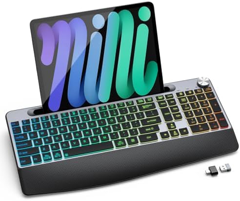 GAMCATZ Ergonomic Backlit Wireless Keyboard with Wrist Rest-Low-Profile,Phone/Tablet Holder,Rechargeable with Light Up Keyboard,Cordless Quiet Computer Keyboard for Desktop,Laptop, PC, Mac-Grey