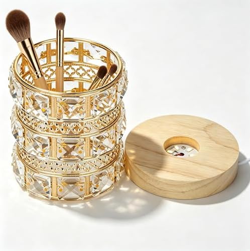 LED Crystal Night Light Wood Base Makeup Brush Holder Decor Vase