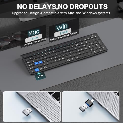 JOYACCESS Wireless Keyboard, 2.4G Ergonomic and Slim Wireless Keyboard with USB & Type C, Full Size and Portable Design for Computer/Laptop/Windows/Mac-Black