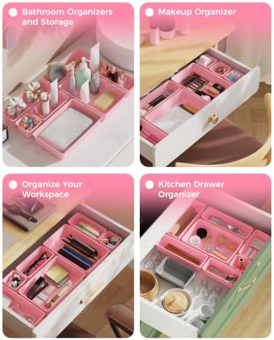 BiuLeon 25 PCS Plastic Drawer Organizers Set, 4-Sizes Vanity and Makeup Organizer, Desk and bathroom Drawer Organizer Trays, Organizers and Storage for Makeup, Jewelry, Gadgets, Utensils (Pink)