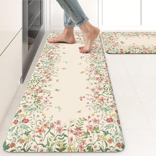 KIMODE Anti Fatigue Kitchen Mats for Floor 2 Pc, Floral Kitchen Rugs Beige
