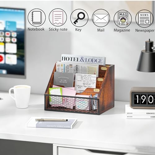 Mail Organizer Countertop,Wooden Mail Holder,4 Slot Letter Holder for Desktop,Vintage Desk Orgaizer for Fill,Bill (Brown)