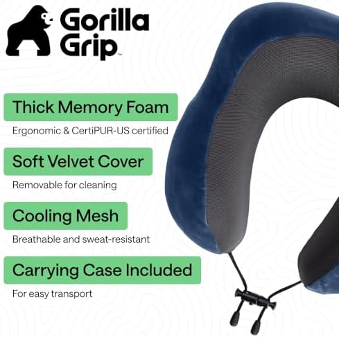 GORILLA GRIP Travel Neck Pillow for Airplanes, Travel Essentials, Navy
