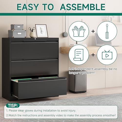 Filing Cabinet with Lock,Lateral File Cabinets 3 Drawer Metal Wide Filing Organization,Home Office School Furniture for Hanging Files Letter/Legal/F4/A4 Size,Black - Assembly Required