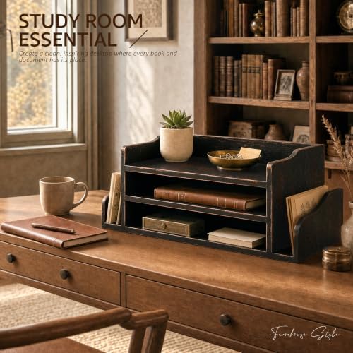Wood Desk Organizer: File Organizer with 3-Tier Shelf, Distressed Black