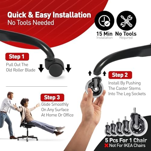 RIVEDA Office Chair Caster Wheels Set of 5 - Smooth 3 inch Heavy-Duty Replacement Rubber Wheels for Gaming & Desk Chair - Easy to Install, Suitable for Hardwood Floors, Carpet, Tiles (Clear)