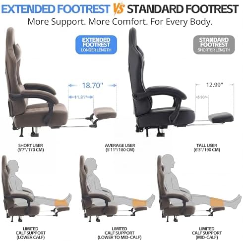 Gaming Chair Breathable Leather with Pocket Spring Cushion, Wide and High Ergonomic Office Chair with Headrest, Computer Gaming Chair with Footrest for Adult and Teen (Grey)