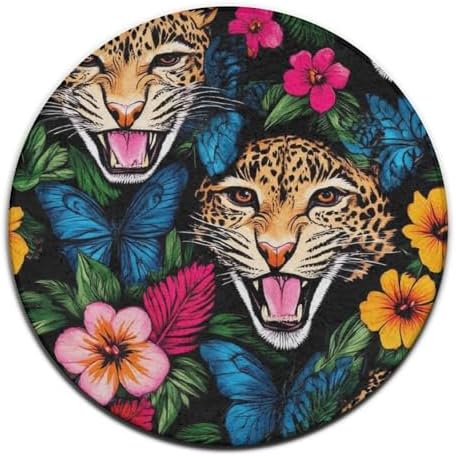 Home Decor Non Slip Kitchen Office Circle Rug, Machine Washable Modern Round Area Rug, Room Sofa Yoga Soft Round Carpet Jungle Florals Cheetah Leopard Print, 60inch