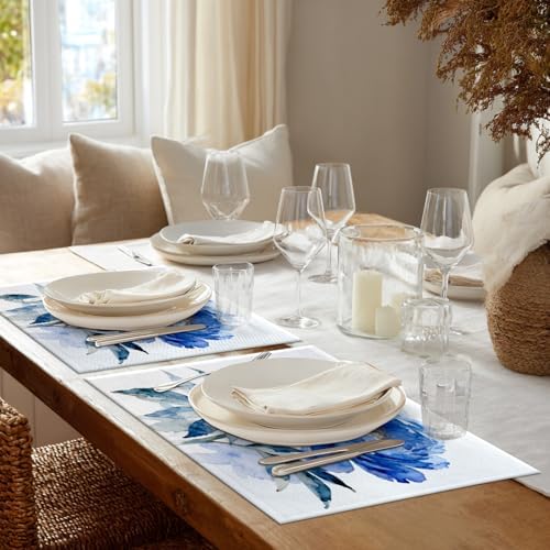 Shrahala Indigo Blue Hand Floral Bouquet Placemats, Watercolor White Flowers Table Mat Linen Burlap Washable Double-Deck Heat Insulation for Dining Table Kitchen Table Set of 4 (12 x 18 inch)
