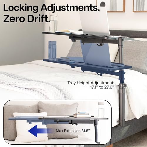 Height Adjustable Under Mattress 30 inch Bedside Desk, Works with Lofts and Beds Without Frames, Tilting Desktop, Fits Laptops, Books, and More, Black