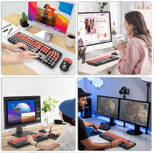 Orange Keyboard and Mouse Wireless,Retro Round Keys,for PC Laptop