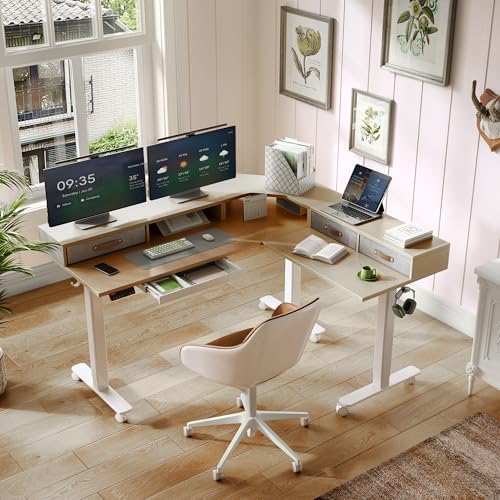 Claiks Dual Motor L Shaped Standing Desk with Drawers, 63inch, Nature