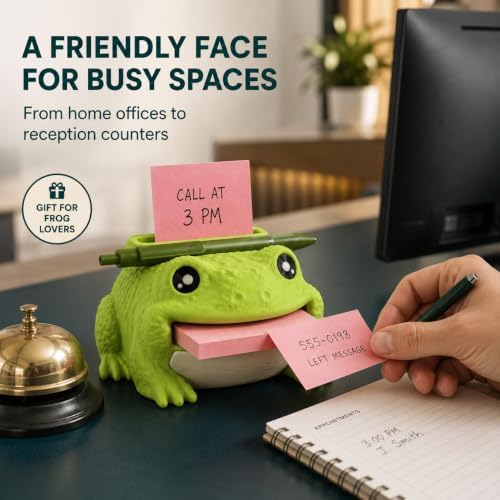 Note Toad - Desk Organizer & Note Holder, 3D Printed Frog Sticky Memo Block Dispenser with Pen Rest, 3 Reusable Stencils and Top Reminder Slot for Office Workspace, Reception Counter and Lover Gift