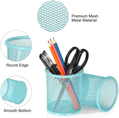 EasyPAG Pencil Holder for Desk, 2 Pack Metal Pen Organizer, Mesh Pencil Cup Organizer for Home, Office, Classroom, School, Light Blue
