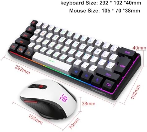 Snpurdiri 2.4G 60% Wireless Gaming Keyboard and Mouse Combo, Black-White