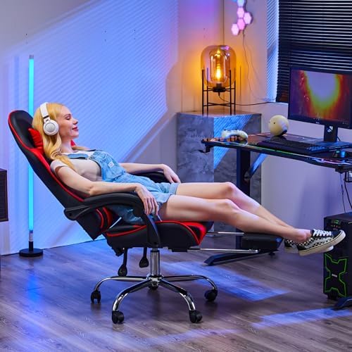NEWBULIG Computer Gaming Desk Chair - High Back Ergonomic Lumbar Support with Footrest and Headrest, Comfy PU Leather Recliner with Linkage Armrest, Height Adjustable and 360° Swivel, Red