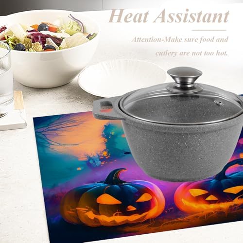 Shrahala Halloween Jack O Lanterns Set Of 4 12 X 18 Inch Linen Placemats , House In Magical Misty Burlap Table Mat Washable Double Layered Heat Insulation For Indoor/Outdoor