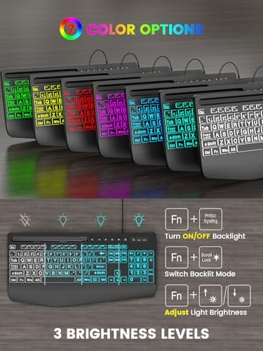 SABLUTE Large Print Wired Keyboard, Ergo Wrist Rest, 7 Colors Backlight