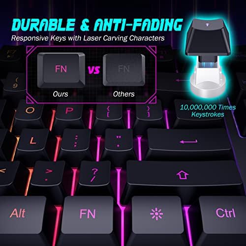 Gaming Keyboard Wired, 7-Color Backlit, 104 Keys Quiet Light Up, Wrist Rest