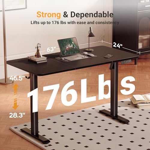 YDN Electric Standing Desk Adjustable Height, 63 x 24 Inches Sit Stand up Desk with Memory Presets & Cable Management, Home Office Desk for Office & Computer Workstation, Black Frame/Black Top