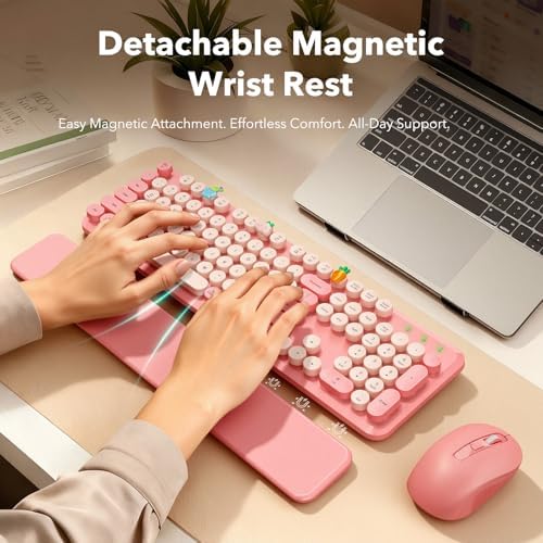 Wireless Keyboard and Mouse, Round Keycaps, Magnetic Wrist Rest, Baby Pink
