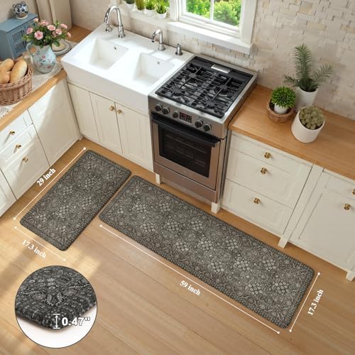 KIMODE Anti Fatigue Kitchen Mat 2PC,Waterproof Farmhouse Green Kitchen Rugs