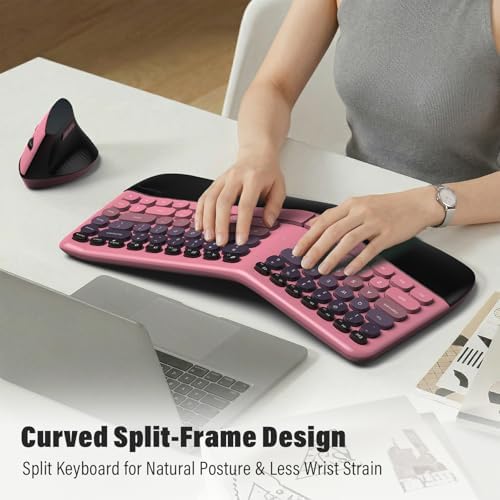 MOFII Wireless Ergonomic Keyboard and Mouse Combo, Split Curved Keyboard with Wrist Rest, Vertical Mouse, 2.4G, for PC Laptop Desktop Mac- Pink Gradient Colorful