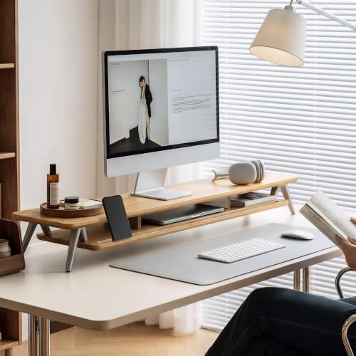 Fenge Dual Monitor Stand Riser, Wooden Desk Shelf with 2-Tier Storage
