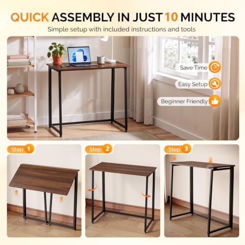 VINGLI 31.5" Folding Desk for Small Space, Home Office Computer Desk, Brown