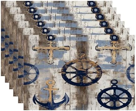 Seafaring Maritime Elements Linen Placemats, Ocean Inspired Coastal Vibes Table Mats for Table Washable Heat Insulation Thick Dining Mat, Indoor/Outdoor 12X18 in 6 Pcs