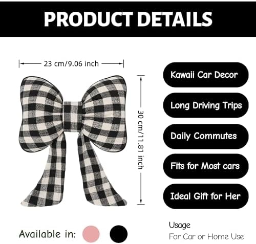 2PCS Chic Car Headrests with Bow-Shaped Cotton Linen Bowknot Neck Pillows for Cozy Road Trip & Cute Interior Decoration (Black Plaid)