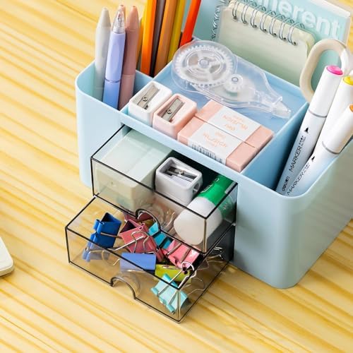 Creative & Simple Desk Organiser, 7 Grids, Plastic Table Organiser with Drawer, Multifunctional Desk Organiser, Pen Holder for School, Office, Home (Blue)