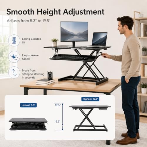 32 Inch Desk Converter, Height Adjustable Stand Up Dual Monitor and Laptop Workstation, Desk Riser for Standing with Wide Keyboard Tray, Standing Desk Topper with Spring Loaded Lift (Black)