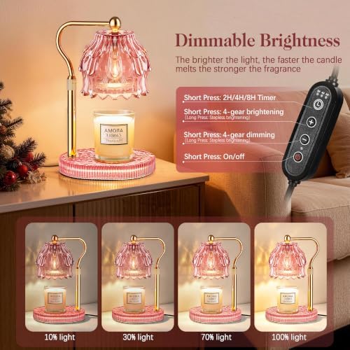 Candle Warmer Lamp with Timer Dimmer, Modern Wax Warmer for Scented Wax Jar Candle Warmer with 2 Bulbs, Adjustable Height Glass Lamp for Women, House Warming Gifts, Gold Pink