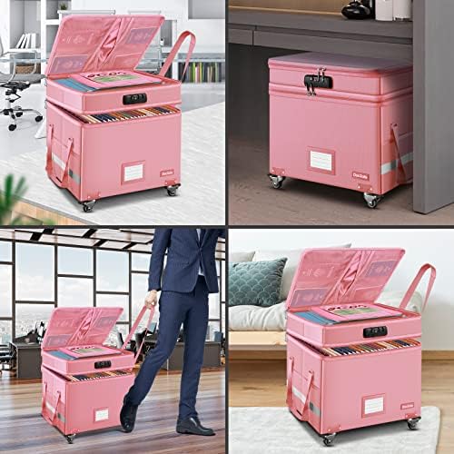 DocSafe File Box with Lock,2-Layer Fireproof Document Box with Wheels,Collapsible Rolling File Storage Organizer with Pockets,Large Portable Home Office Filing Cabinet Safe for Hanging Folders,Pink