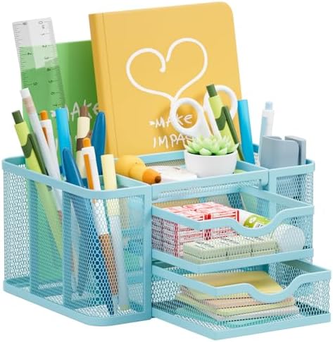 Marbrasse Mesh Desk Organizer, Pen Organizer with 2 Drawer, Multi-Functional Pencil Holder, Desk Organizers and Accessories with 5 Compartments + Drawer for Office Art Supplies (Blue)