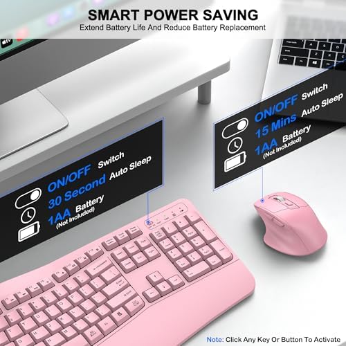 Wireless Keyboard and Mouse Combo, 2.4G Full Size Wave Keys Ergonomic Keyboard with Wrist Rest and 3-Level DPI Adjustable Wireless Ergonomic Mouse for Windows, Mac OS Desktop/Laptop/PC(Pink)