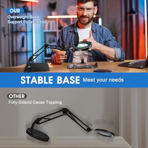 15X HD Magnifying Glass with Light, Hands-Free Desk Magnifier with 2-in-1 Base & Clamp, Adjustable Swing Arm, 5 Color Modes, 10 Brightness Levels for Reading, Crafts, Sewing & Nail Art