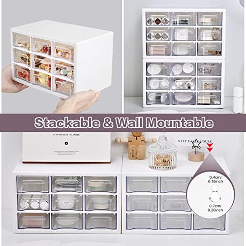Desk Storage Organizer with 9 Drawers, MYKASEN Clear Plastic Storage Cabinet, Stackable Desk Storage Box for Makeup Office Craft Hardware Art Supplies, 9.8x6.3x5.9inch(White)