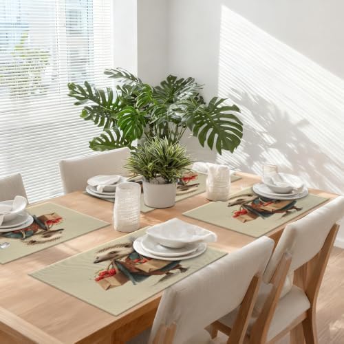 Hedgehog Delivery Berry Placemats, Carries Bags Place Mats for Dining/Kitchen Table Waterproof Washable Linen Heat Insulation Dinner Table Mats 12X18 in 8 Pcs