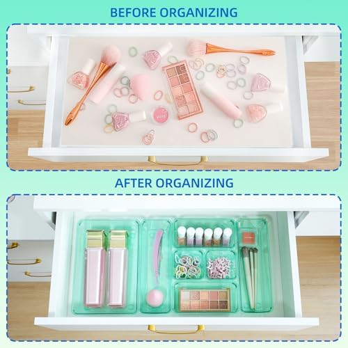 Kitchen Desk Drawer Organizers Storage for Office, Small Acrylic Vanity Trays Makeup for Drawer Bathroom Plastic Make up Organizers 25 Pcs Green