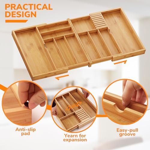 BAMEOS Expandable Silverware Drawer Organizer with Removable Knife Blocks, Bamboo Kitchen Utensil Holder from 21" to 36", Large Cutlery Tray with Divider for Forks, Spoons, Knives