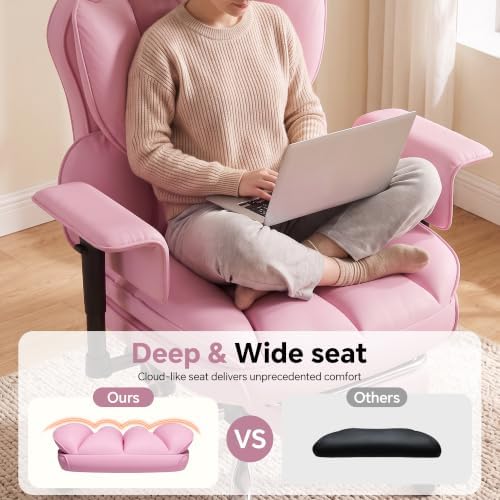 Mr IRONSTONE Big and Tall Gaming Chair 400lbs, Heavy Duty Office Chair with Footrest, High Back Computer Chair with Thick Padded Seat and Lumbar Support, Wide Seat Reclining PU Leather Chair, Pink